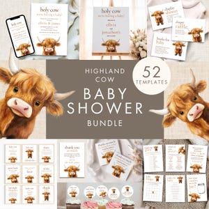 Highland Cow Baby Shower Bundle, INSTANT DOWNLOAD, Invite, Signs, Games, Cupcake Topper, Gender Neutral Holy Cow Theme, Corjl Editable BA-26
