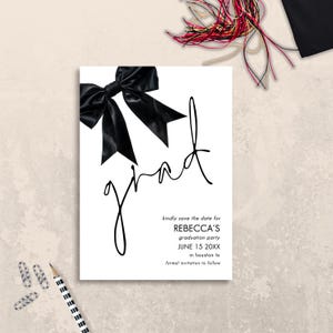 Black Bow Graduation Party Save the Date Template, Printable INSTANT DOWNLOAD, Grad, Coquette, Minimalist, Phone Invite Corjl Editable gr-11
