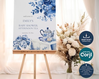 Blue Toile de Jouy Shower Welcome Sign, Template, Printable, INSTANT DOWNLOAD, Afternoon Tea Party, Blue Chinoiserie, Corjl Editable BA-18
