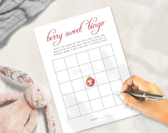 Strawberry Baby Shower Bingo Game, Template, INSTANT DOWNLOAD, Berry Sweet, Berries, Cute Cartoon Berry, 5 x 7" Corjl Editable ba-09