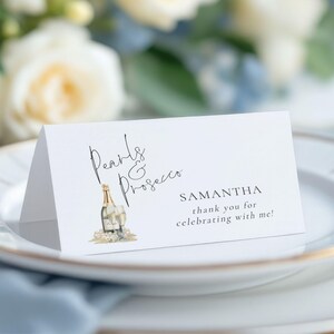Pearls & Prosecco Bridal Shower Place Card Template, Printable INSTANT DOWNLOAD, Flat + Folded, Champagne Buffet Card, Corjl Editable BR-30