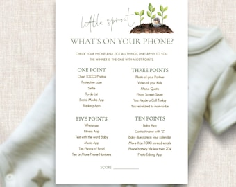 Little Sprout Baby Shower Activity Template, Printable, INSTANT DOWNLOAD, What's On Phone Game, Locally Grown 5x7", Corjl Editable BA-27.
