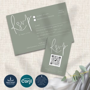 May include: Green RSVP card with a handwritten RSVP in white. The card has a section for guests to indicate whether they will attend, their names, meal choices, allergies, and song requests. The card also includes a QR code for guests to RSVP online.
