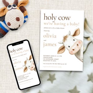 Holy Cow We&#39;re Having a Baby Invitation Template INSTANT DOWNLOAD, Girl or Boy Baby Shower, Cute Farm, Digital Invite, Corjl Editable BA-23
