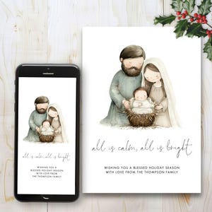 Nativity Christmas Card Template, Printable INSTANT DOWNLOAD, Holiday Phone Greeting, Mary Joseph Jesus, All Is Calm, Corjl Editable CH-27