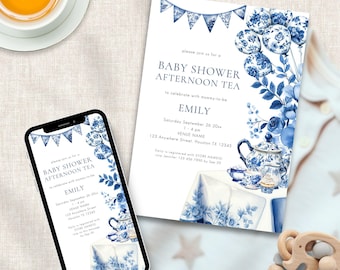 Toile de Jouy Baby Shower Invitation, Template, INSTANT DOWNLOAD, Afternoon Tea Party, Blue Chinoiserie, Phone Invite, Corjl Editable BA-18