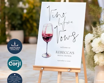 Vino Before Vows Bridal Shower Welcome Sign, Printable, INSTANT DOWNLOAD, Vineyard Wine Tasting, minimalist, Corjl Editable Template BR-09