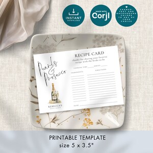 May include: Printable recipe card template with a watercolor illustration of champagne bottles and the text "Pearls & Prosecco". The template is 5 inches by 3.5 inches and is designed for a bridal shower.