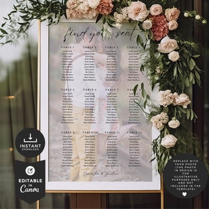 May include: A printable wedding seating chart with a floral design and a photo of the couple. The chart is labeled "find your seat" and lists the names of guests at each table. The text "Samantha & Jonathon" is at the bottom of the chart.