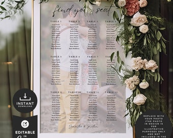 Printable Custom Photo Overlay Wedding Sign, INSTANT DOWNLOAD, Find Your Seat Seating Chart, Editable Canva Template, Seating Plan - we-08