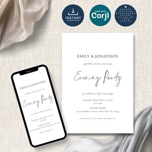 May include: A white invitation card and a smartphone display an "Evening Party" announcement. The invitation includes the names "Emily & Jonathon", event details, and RSVP information. The design is minimalist with elegant script.