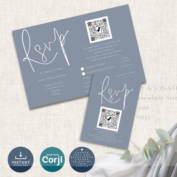 Dusty Blue QR Code RSVP Template, Printable Instant DOWNLOAD, Wedding Response Card, Minimalist Reply Card, Corjl Minimalist Editable we-35