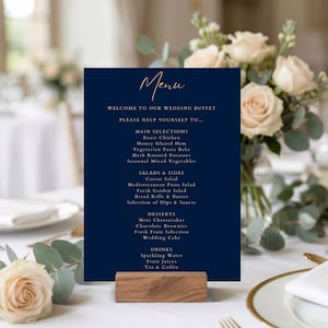 Modello di menu minimalista per buffet di nozze, blu navy e oro, 5 x 7", modificabile su Canva (download digitale)