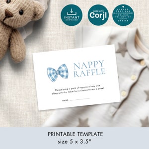 Dusty Blue Gingham, Bow Tie Nappy Raffle Card Template, INSTANT DOWNLOAD, Baby Boy Shower, Digital Enclosure, 5 x 3.5" Corjl Editable BA-17