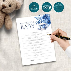 Blue Toile de Jouy Wishes for Baby Template, INSTANT DOWNLOAD, Chinoiserie Baby Shower, Party Activity, Advice Card, Corjl Editable BA-18