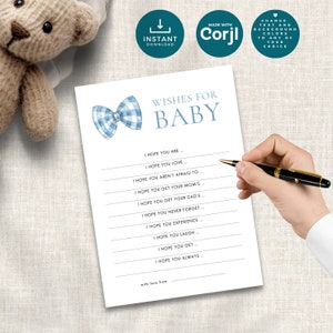 Blue Bow Tie Wishes for Baby Template, INSTANT DOWNLOAD, Gingham Picnic Baby Shower, Party Game Activity, Advice Card, Corjl Editable BA-17