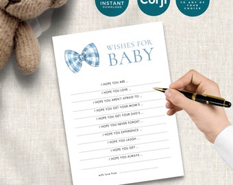 Blue Bow Tie Wishes for Baby Template, INSTANT DOWNLOAD, Gingham Picnic Baby Shower, Party Game Activity, Advice Card, Corjl Editable BA-17