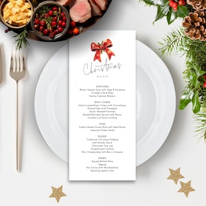 Christmas Party Menu, Template, Printable INSTANT DOWNLOAD, Festive Red Gold Bow, Xmas Holiday Dinner Table Menu, 4x9, Corjl Editable CH-07