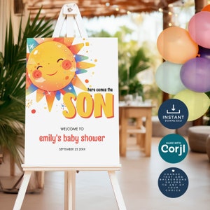 Here Comes The Son Welcome Sign, Template, Printable, INSTANT DOWNLOAD, Sun Baby Shower, Cartoon Sunshine, Boho,Corjl Editable BA-15