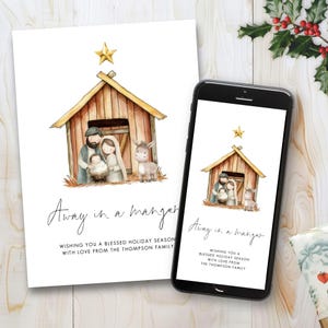 Nativity Scene Christmas Card Template, Printable INSTANT DOWNLOAD, Holiday Electronic Greeting, Away In A Manger Lyric Corjl Editable CH-27