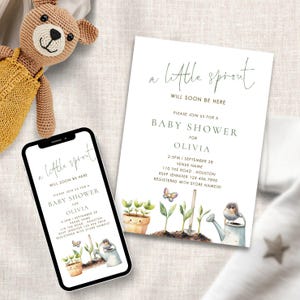 A Little Sprout is on the Way Invitation Template, INSTANT DOWNLOAD, Baby Shower Invite, Gender Neutral, Phone Invite, Corjl Editable ba-27