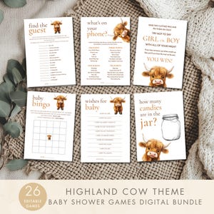 Highland Cow Baby Shower Game Bundle, INSTANT DOWNLOAD, 26 Printable Activities, Gender Neutral  Holy Cow Theme, 5 x 7" Corjl Editable BA-26