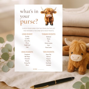 Highland Cow What's in your purse Game Template, INSTANT DOWNLOAD, Holy Cow Baby Shower, Party Activity, Farm Animal, Corjl Editable BA-26.
