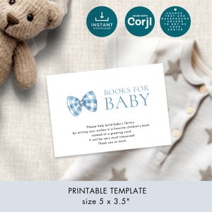 Blue Bow Books for Baby Template, INSTANT DOWNLOAD, Gingham Bow Tie Baby Shower Activity, Digital Enclosure Card, 5X3.5 Corjl Editable BA-17