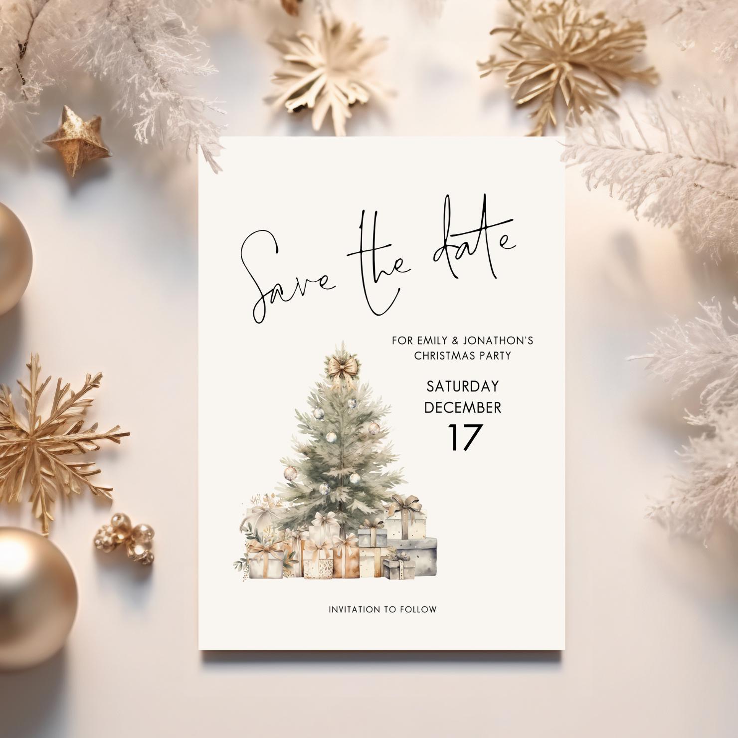 Christmas Party Save The Date Template, Printable INSTANT DOWNLOAD, Black Script, Xmas Electronic Invite, Festive Tree, Corjl Editable CH-04 christmas-party-save-the-date-template-printable-instant-download-black-script-xmas-electronic-invite-festive-tree-corjl-editable-ch-04