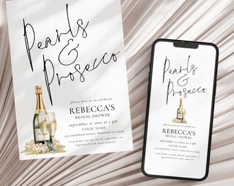 Pearls and Prosecco Bridal Shower Invitation, Printable, INSTANT DOWNLOAD, Wedding Shower, Electronic Invite, Corjl Editable Template we-30