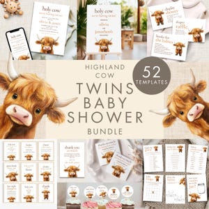 TWINS Highland Cow Baby Shower Bundle, Instant Download, Invite, Signs, Games, Cake Topper, Girl or Boy, Holy Cow Theme Corjl Editable BA-26