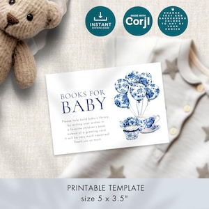 Toile de Jouy Books for Baby Template, INSTANT DOWNLOAD,  Baby Shower, Blue Chinoiserie, Digital Enclosure Card, 5X3.5 Corjl Editable BA-18