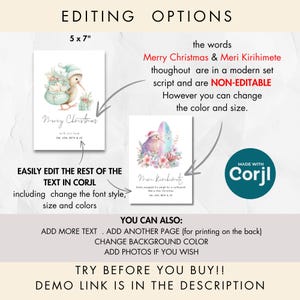 Op de afbeelding: Twee kerstkaartontwerpen met illustraties van kiwi's. E&eacute;n kaart toont een kiwi met een kerstmuts en surfboard, de andere met een wintermuts. Tekst bevat "Merry Christmas" en "Meri Kirihimete". Kaarten zijn 12.7 x 17.8 cm groot.