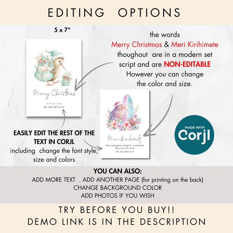 Op de afbeelding: Twee kerstkaartontwerpen met illustraties van kiwi's. E&eacute;n kaart toont een kiwi met een kerstmuts en surfboard, de andere met een wintermuts. Tekst bevat "Merry Christmas" en "Meri Kirihimete". Kaarten zijn 12.7 x 17.8 cm groot.