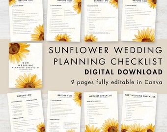 Printable Wedding Planning Checklist, INSTANT DOWNLOAD 9 pages, Rustic Sunflowers, Wedding Planner, Editable Canva Template - WEDSF01
