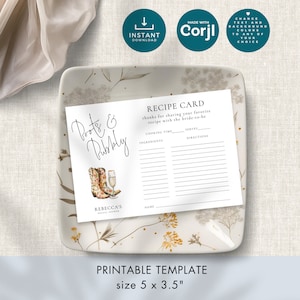 Bridal Shower Recipe Card Template, INSTANT DOWNLOAD, Boots and Bubbly, Cowgirl, Country, Digital Enclosure, 5 x 3.5" Corjl Editable BR-29