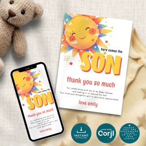 Here Comes The Son Baby Shower Thank you, Template, INSTANT DOWNLOAD, Sunshine, Boy Electronic Phone Size Thanks, Retro Corjl Editable ba-15