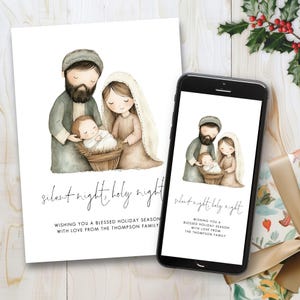 Nativity Christmas Card Template, Printable INSTANT DOWNLOAD,  Holiday Phone Greeting, Silent Night Lyric, Holy Family, Corjl Editable CH-27