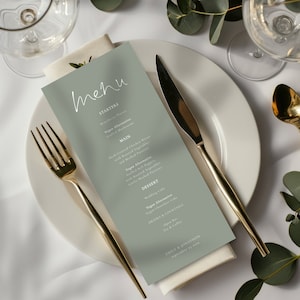 Minimalist Menu Template, Printable INSTANT DOWNLOAD, Modern Wedding, DIY Reception Table Menu, 4 x 9, Sage Green, Corjl Editable we-34