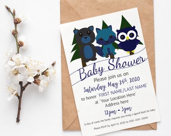 Könnte beinhalten: Eine Babyparty-Einladung mit einem Waldtier-Motiv in Blau, Grün und Schwarz. Die Einladung zeigt einen Bären, einen Fuchs und eine Eule. Der Text lautet "Baby Shower" und enthält das Datum, die Uhrzeit und die RSVP-Informationen.