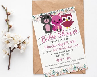 May include: A baby shower invitation with a pink, white, and green floral design. The invitation features a cartoon bear, fox, and owl. The text reads "Baby Shower" and includes the date, time, and location of the event.