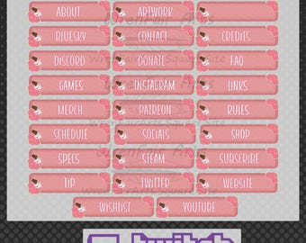 May include: A set of 25 pink Twitch panels with floral accents and white text. The panels include titles such as "About", "Artwork", "Bluesky", "Contact", "Credits", "Discord", "Donate", "FAQ", "Games", "Instagram", "Links", "Merch", "Patreon", "Rules", "Schedule", "Socials", "Shop", "Specs", "Steam", "Subscribe", "Tip", "Twitter", "Website", "Wishlist", and "Youtube". The panels are arranged in a grid pattern. The text "twitch" is displayed in purple on a white background with a purple outline.