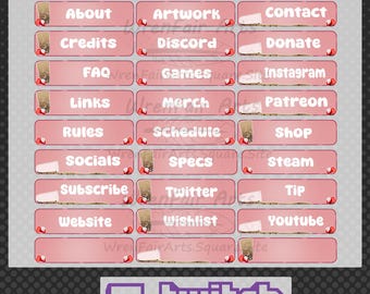 May include: A set of 24 pink Twitch panels with white text, including "About", "Artwork", "Contact", "Credits", "Discord", "Donate", "FAQ", "Games", "Instagram", "Links", "Merch", "Patreon", "Rules", "Schedule", "Shop", "Socials", "Specs", "Steam", "Subscribe", "Twitter", "Tip", "Website", "Wishlist", and "Youtube". There are also 3 blank panels. The panels are arranged in a grid and have a purple Twitch logo at the bottom.