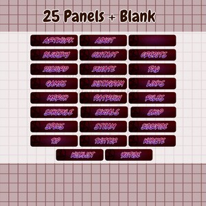 May include: A digital art graphic with 25 panels and the text "25 Panels + Blank". Each panel has a dark red background with white text. The panels include words like "Artwork", "About", "Discord", "Donate", "Games", "Instagram", and "Youtube".