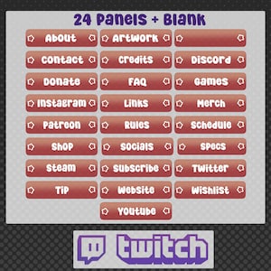 May include: A digital graphic featuring 24 custom Twitch panels with a blank option. Each panel is a reddish-brown rectangle with white text, including "About," "Artwork," "Contact," and "Subscribe." A purple Twitch logo is at the bottom.