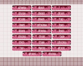 May include: A set of 25 pink and brown panels with text labels for online content creators. Labels include "Artwork," "About," "Discord," "Games," "Merch," "Schedule," "Specs," "Tip," "Wishlist," and more. The text "25 Panels + Blank" is at the top.