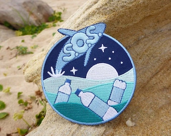 S.O.S. Wal Aufnäher - Kein Plastik Aufnäher - Umweltschützer Aufnäher - Aktivismus Aufnäher - Ozean Aufnäher - Strandliebhaber Aufnäher - Rettet unsere Meere Aufnäher