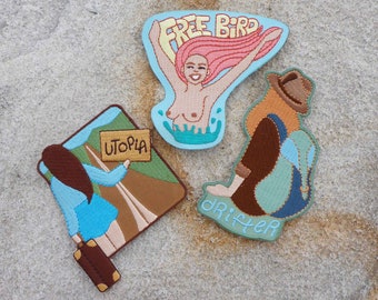 Femme Fatale Embroidered Patch Set – Travel Patches, Utopia, Drifter, Free Bird