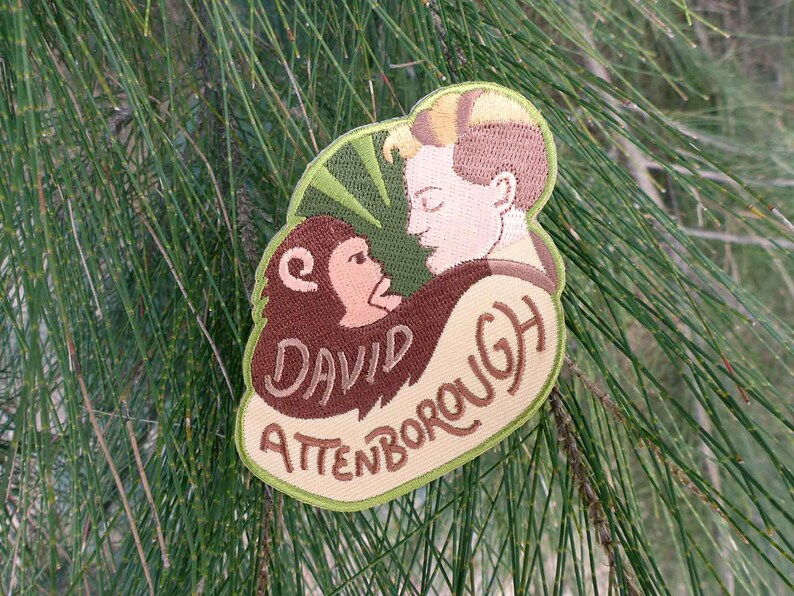 K&ouml;nnte beinhalten: Ein brauner und gr&uuml;ner gestickter Aufn&auml;her mit einem Cartoon-Bild eines Mannes und eines Affen. Der Text "DAVID ATTENBOROUGH" ist in Braun auf dem Aufn&auml;her gestickt.