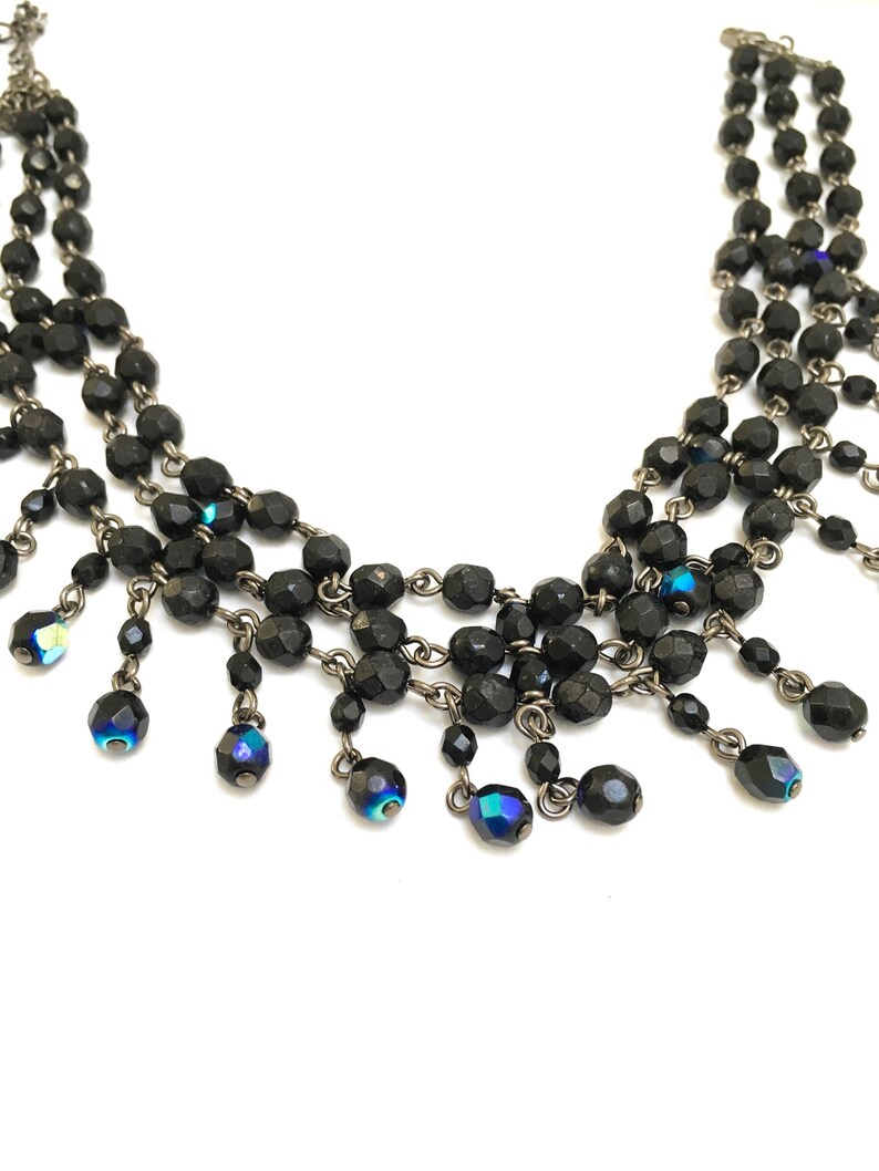Vintage black and dark blue beaded choker